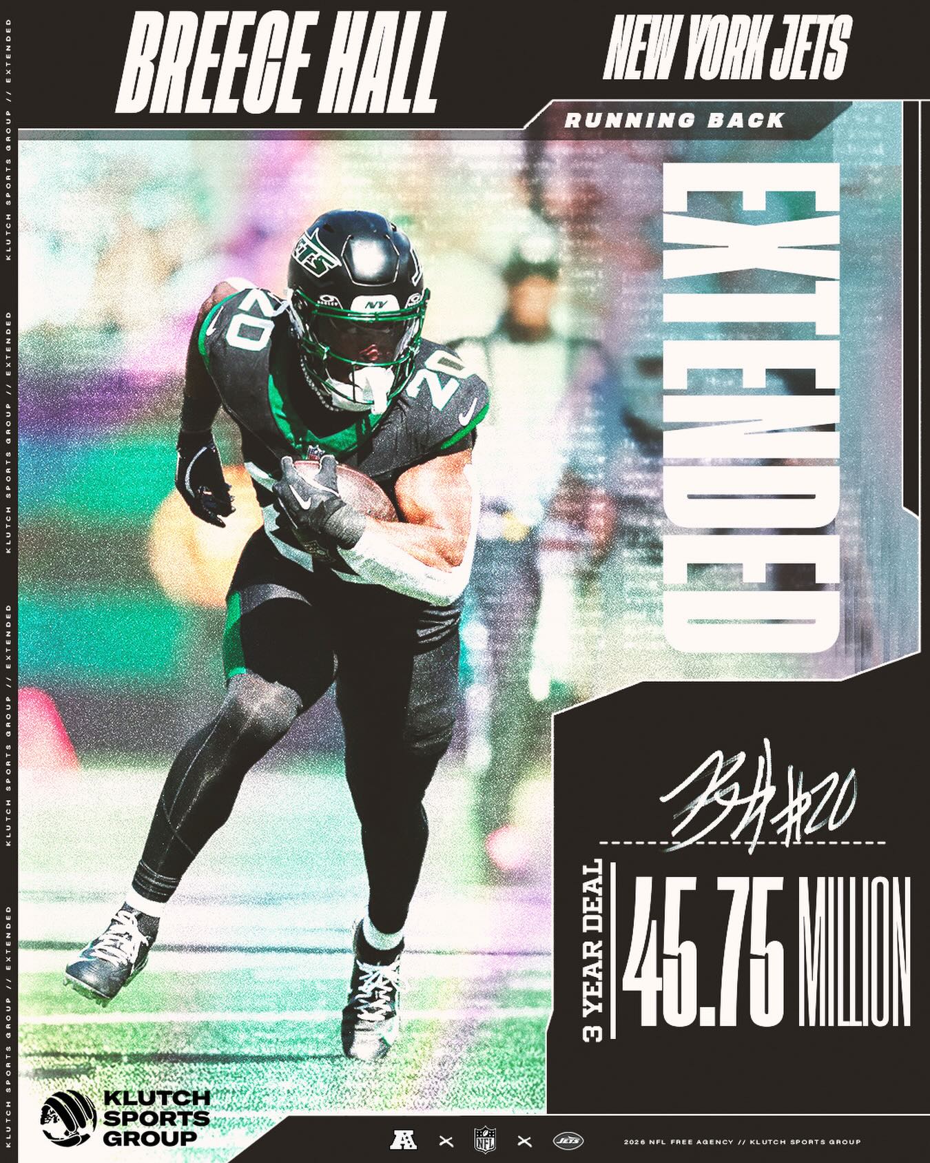 Klutch Sports announcement graphic: Breece Hall extended with the New York Jets, 3-year deal, $45.75 million.