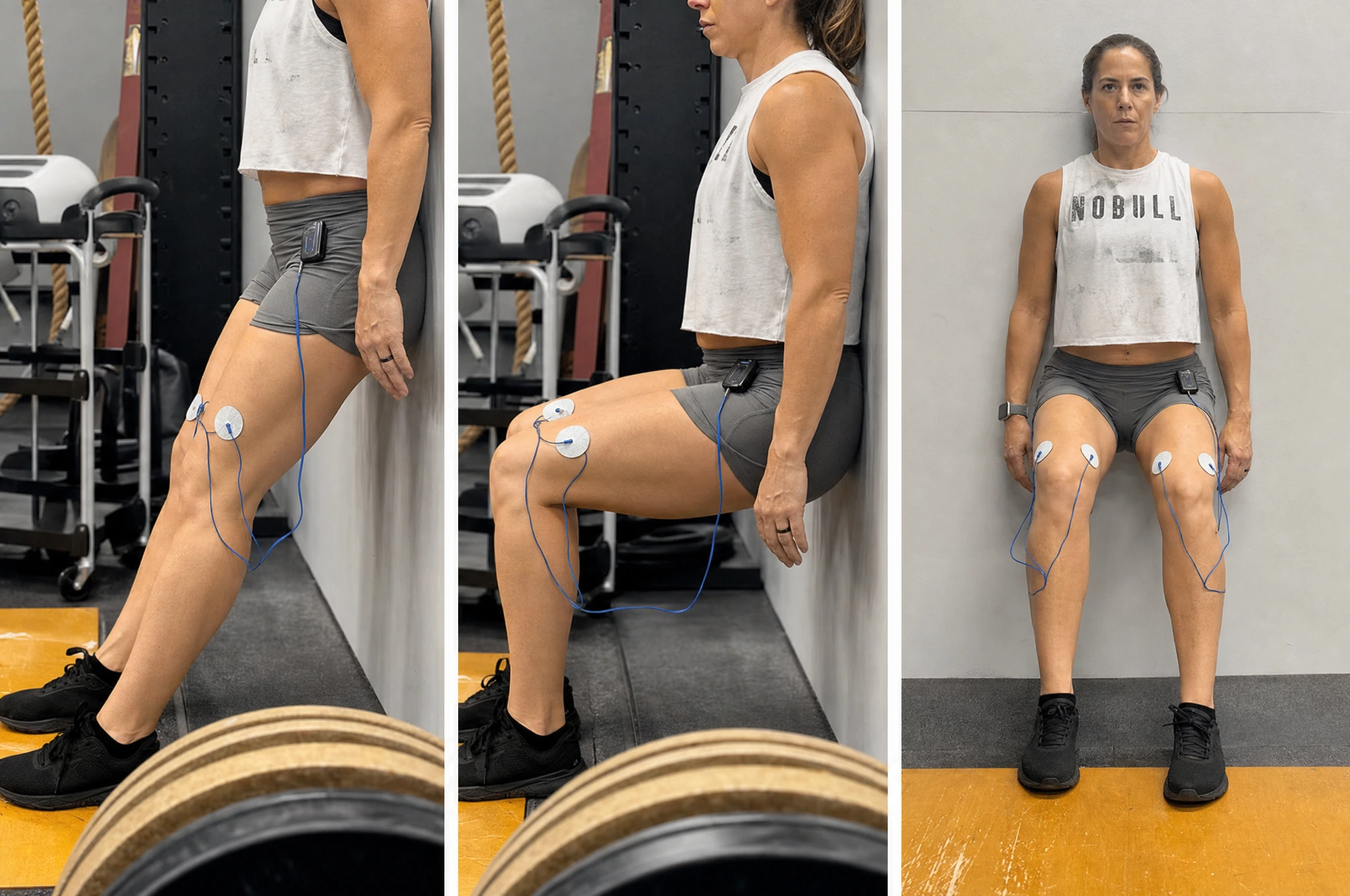Athlete performing an isometric wall squat with back flat against wall, knees at 90 degrees, weight even through both heels